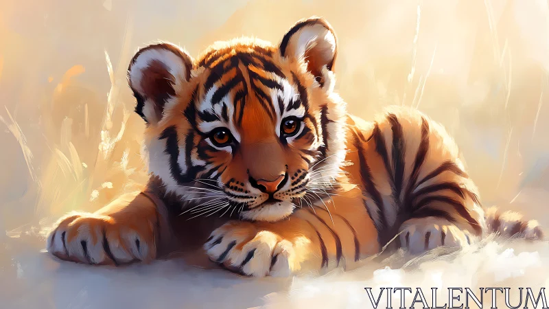Gentle tiger cub rests in glowing, painterly sunlight.