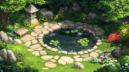 Stone-bordered koi pond sits in lush landscaped garden