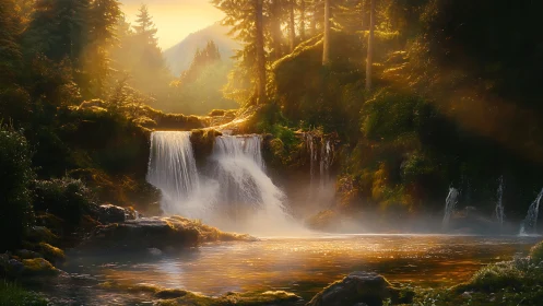 Sunlit forest waterfall and reflective pool at dawn.