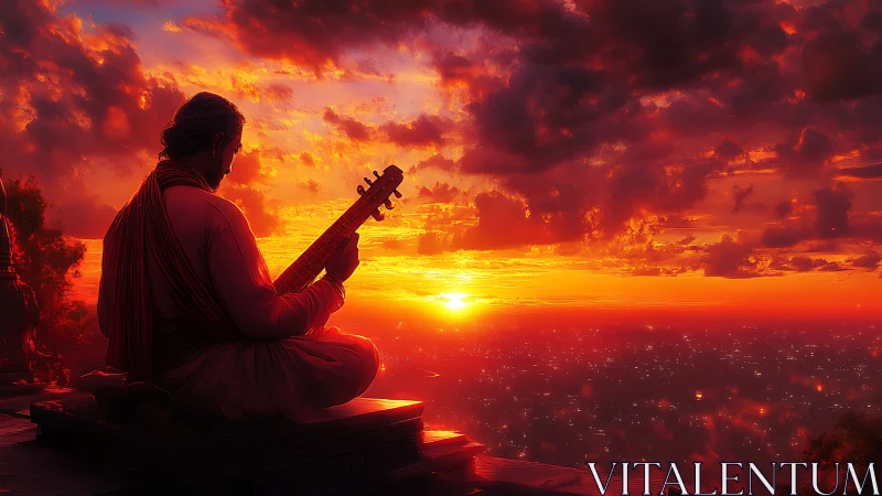 Sunset musician resting in glowing cityside serenity.