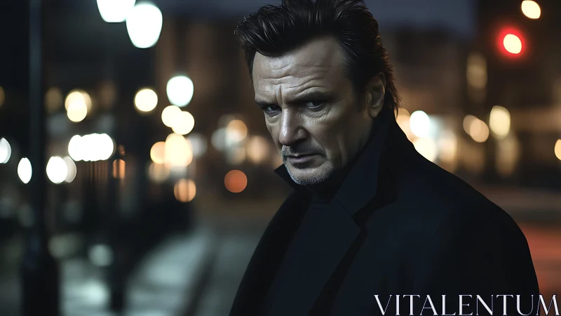 Middle aged man in dark coat on night city street.