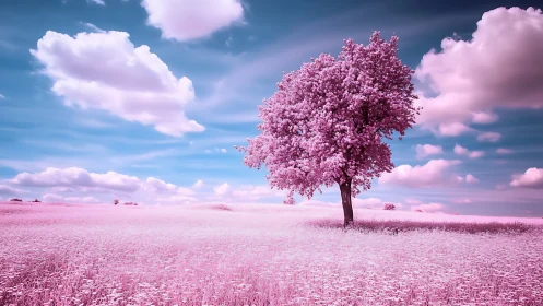 Pink blossom tree stands in dreamy infrared meadow landscape.