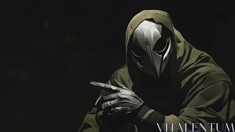 Hooded figure in bird skull mask sits against black void