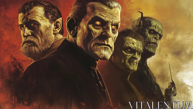 Four undead characters stare forward against fiery sky.