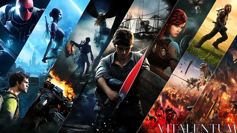 Dynamic collage of heroic game characters in battle scenes.