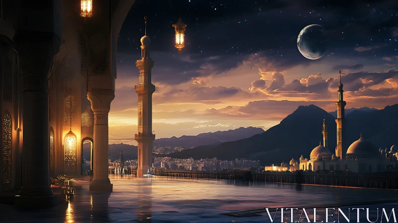 Moonlit mosque terrace over reflective city waterfront.