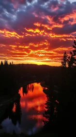 Fiery river sunset reflects blazing clouds in deep silence.
