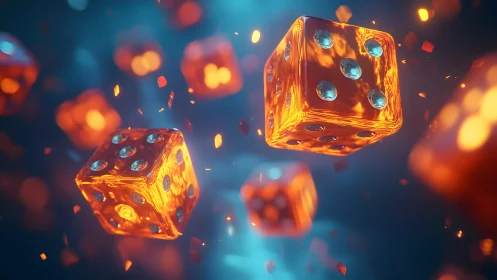 Glowing Orange Dice Floating in a Futuristic Digital Art Scene.
