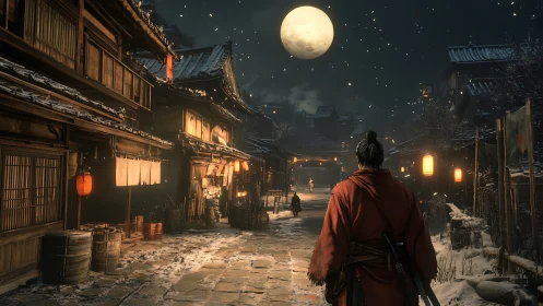 Moonlit samurai stroll through a quiet snowy street.