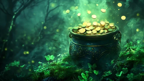 Enchanted forest cauldron overflowing with glowing gold coins.