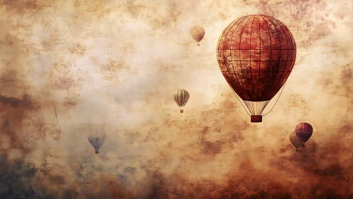 Vintage hot air balloons drifting across textured sky.