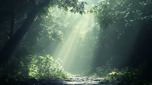 Sunlight Piercing Through Dense Forest Canopy.