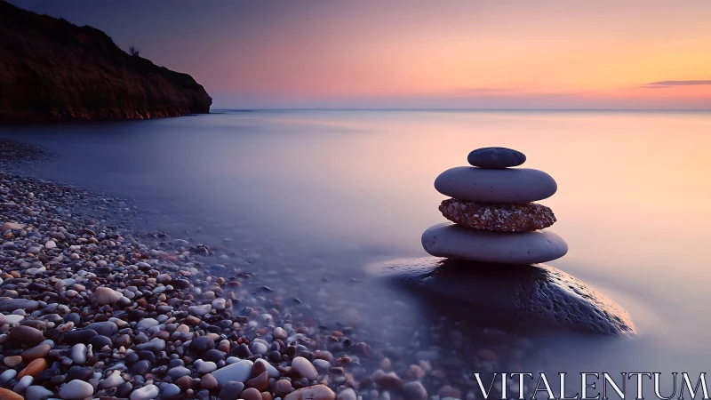 Balanced stones rise in calm pastel light over a quiet sea