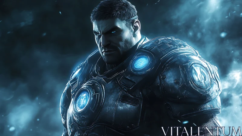 Armored sci fi soldier in blue powered combat exosuit.