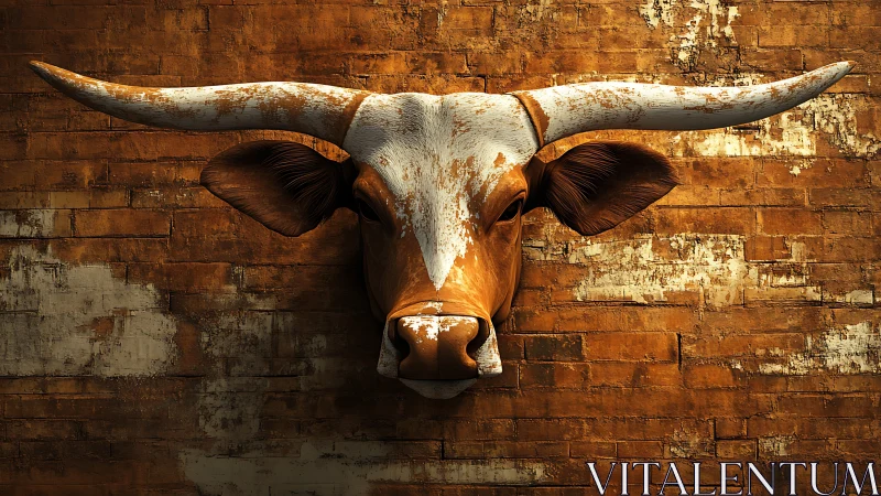 Longhorn guardian leans from weathered brick and claims space