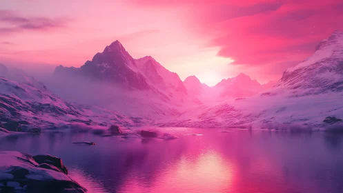 Snow-covered mountain range surrounds reflective pink lake