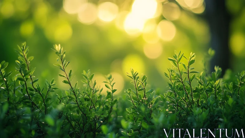 Lush green shrubbery in sunlight with dreamy bokeh background.