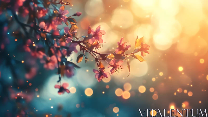 Flowering branch with bokeh light particles in warm and cool color palette.
