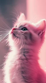 Dreamy Pink Cat Looking Upward in Soft Light.