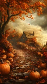 Autumn path with pumpkins leading toward rustic cottage.