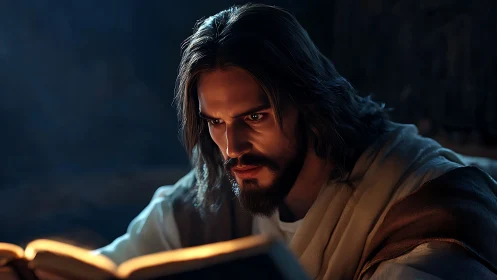 Bearded robed man reading an illuminated book at night.