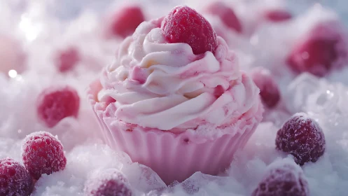 Frozen raspberry cupcake rests in shallow icy surroundings.