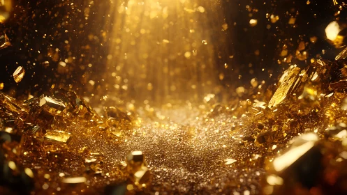 Shimmering gold crystals scattered in glowing light field.