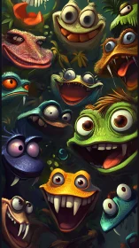 Colorful cartoon monster faces clustered in vertical frame.