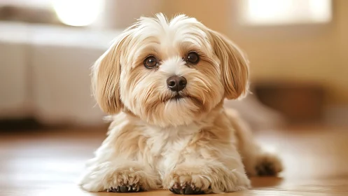 Small fluffy dog rests on polished wooden floor indoors