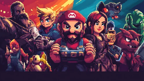 Pixel-art crossover lineup shows multi-genre heroes in split lighting