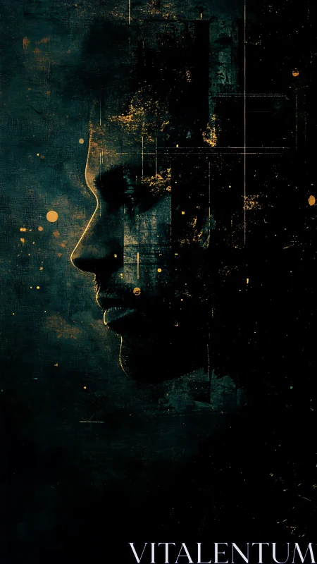 Cyberpunk silhouette profile in fragmented digital dusk.