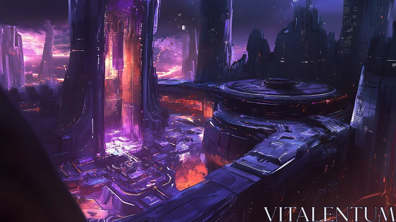 Cyberpunk megastructure hub with luminous reactor core design.