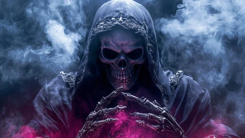 Grinning necromancer skull cloaked in neon stormed fog.