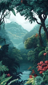 Tropical Valley Canyon with River: Layered Forest Canopy Digital Illustration