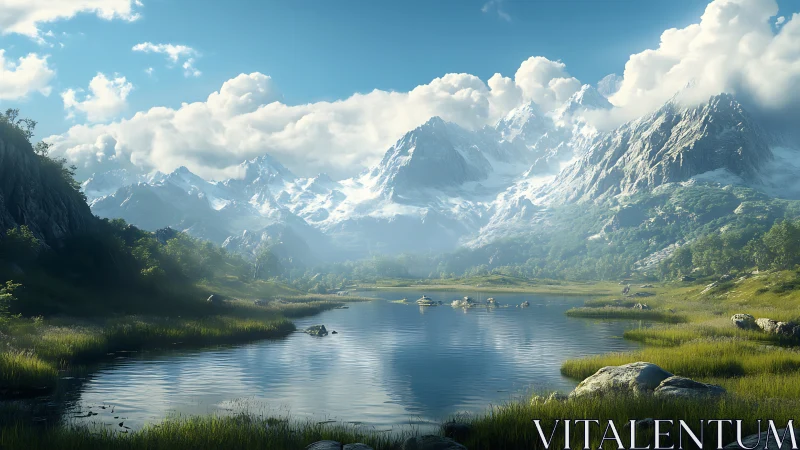 Mountain lake reflects distant snow-covered peaks and clouds