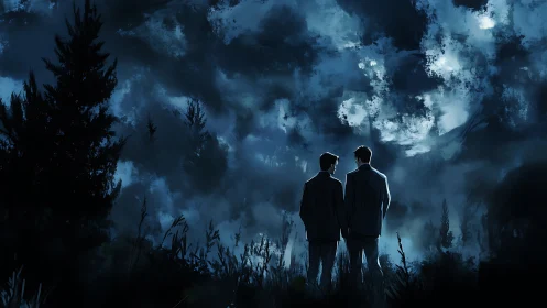 Two suited figures observing cloudy night forest sky.