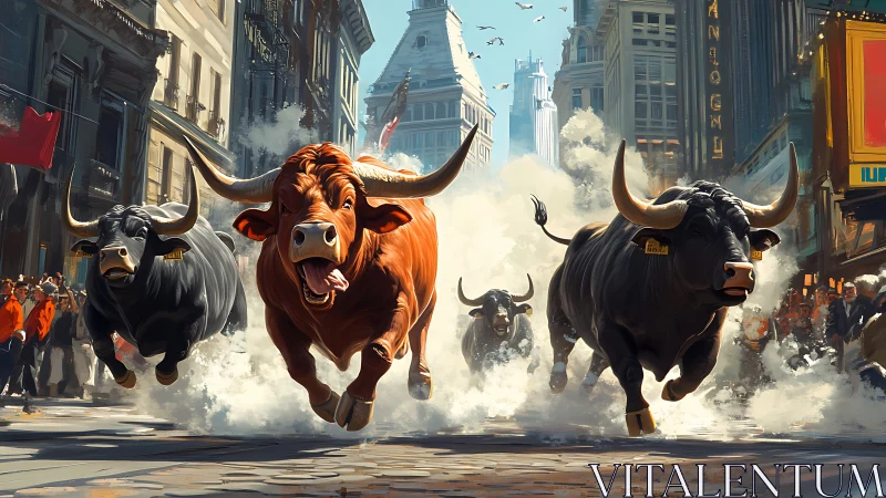 Charging bulls stampede through dense modern city street.