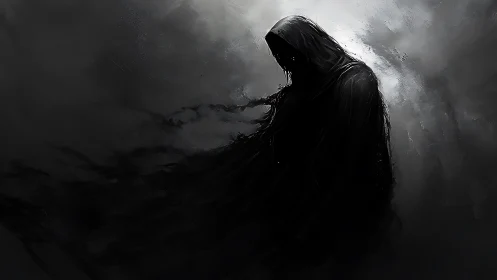 Hooded wraith dissolving into storm-lit digital shadow.