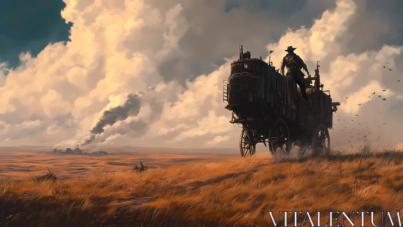 Post-apocalyptic stagecoach towers over burning prairie horizon