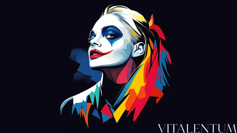 Bold joker-inspired woman in angular pop art portrait.