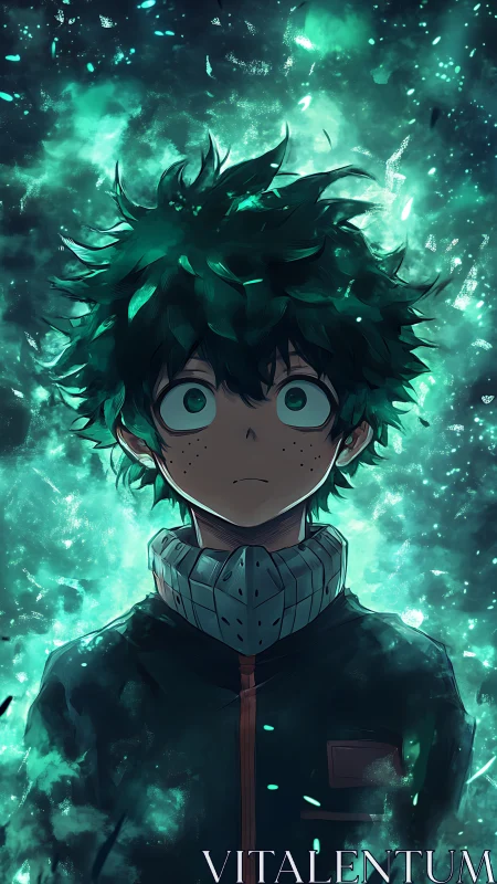 Stirring green energy swirls around a wide eyed anime hero