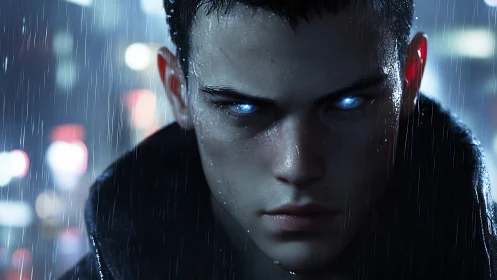 Cybernetic young man with glowing blue eyes in the rain.