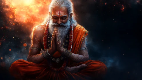 Meditating sage in cosmic ambiance rendered as digital chiaroscuro