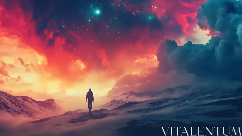 Lone figure walks under vivid cosmic storm sky
