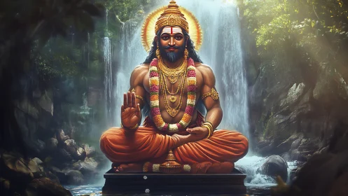 Golden-robed sage meditates calmly before a lush waterfall