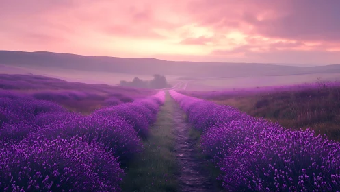 Soft sunrise glows above a peaceful lavender field path