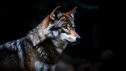 High-contrast lateral wolf portrait with shallow depth and rim lighting