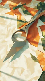 Scissors daydream above origami shards in warm studio light