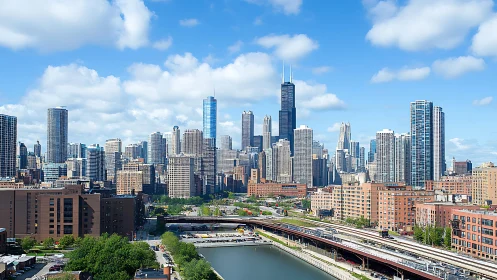 Urban skyline with mixed high-rise architecture and waterway.