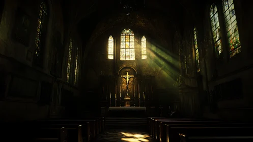 Golden light over quiet church pews and a glowing altar.